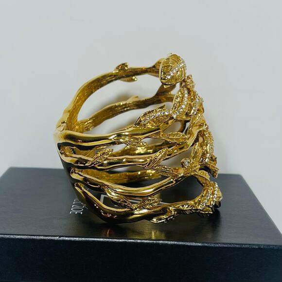 Rachel Zoe Hinged Cuff Bracelet Crystals Leaf Branches Gold Tone Leaf Branch - Picture 4 of 14